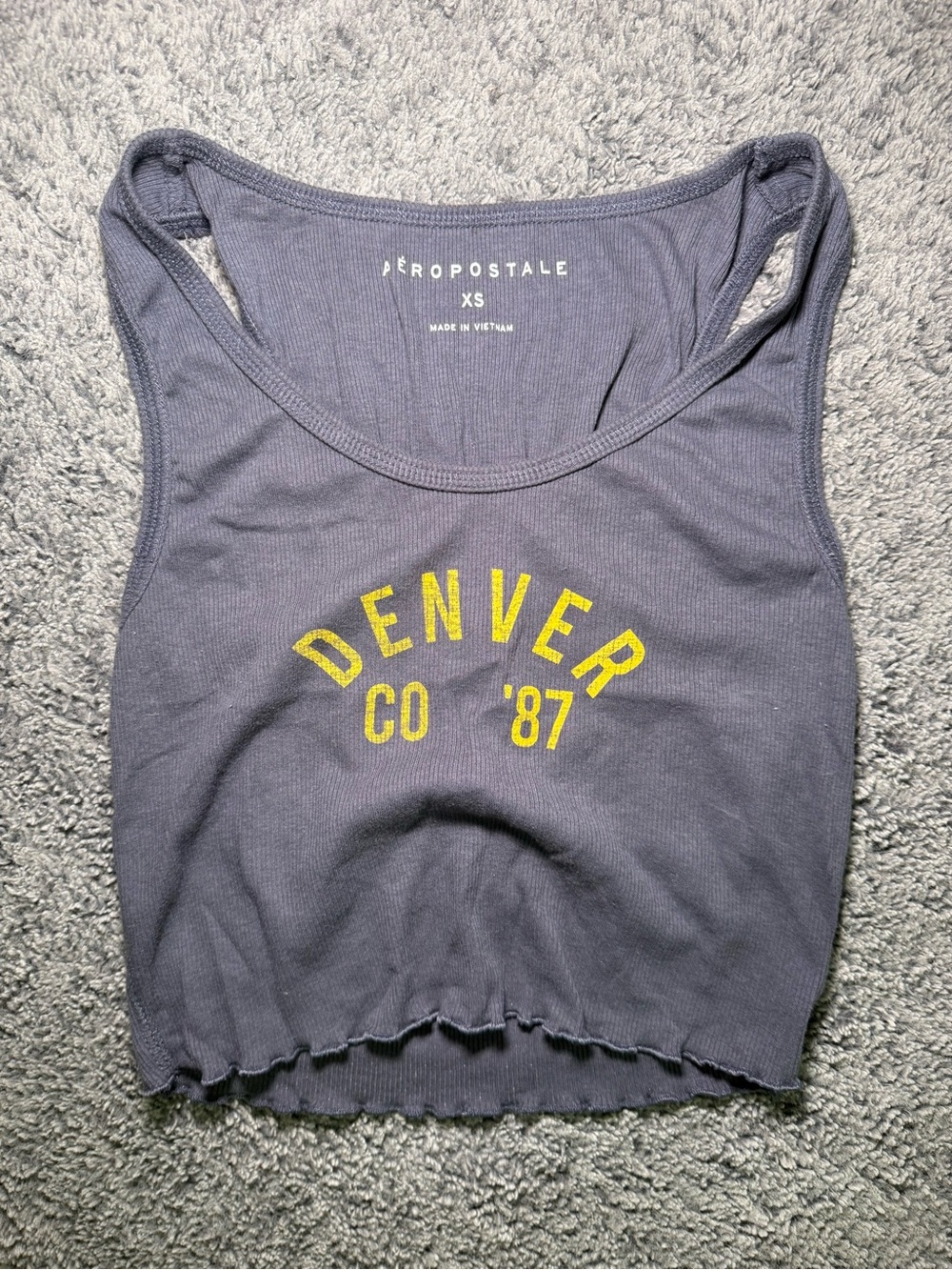 Aeropostale Navy Cropped Ribbed Tank with Yellow 'Denver' Graphic